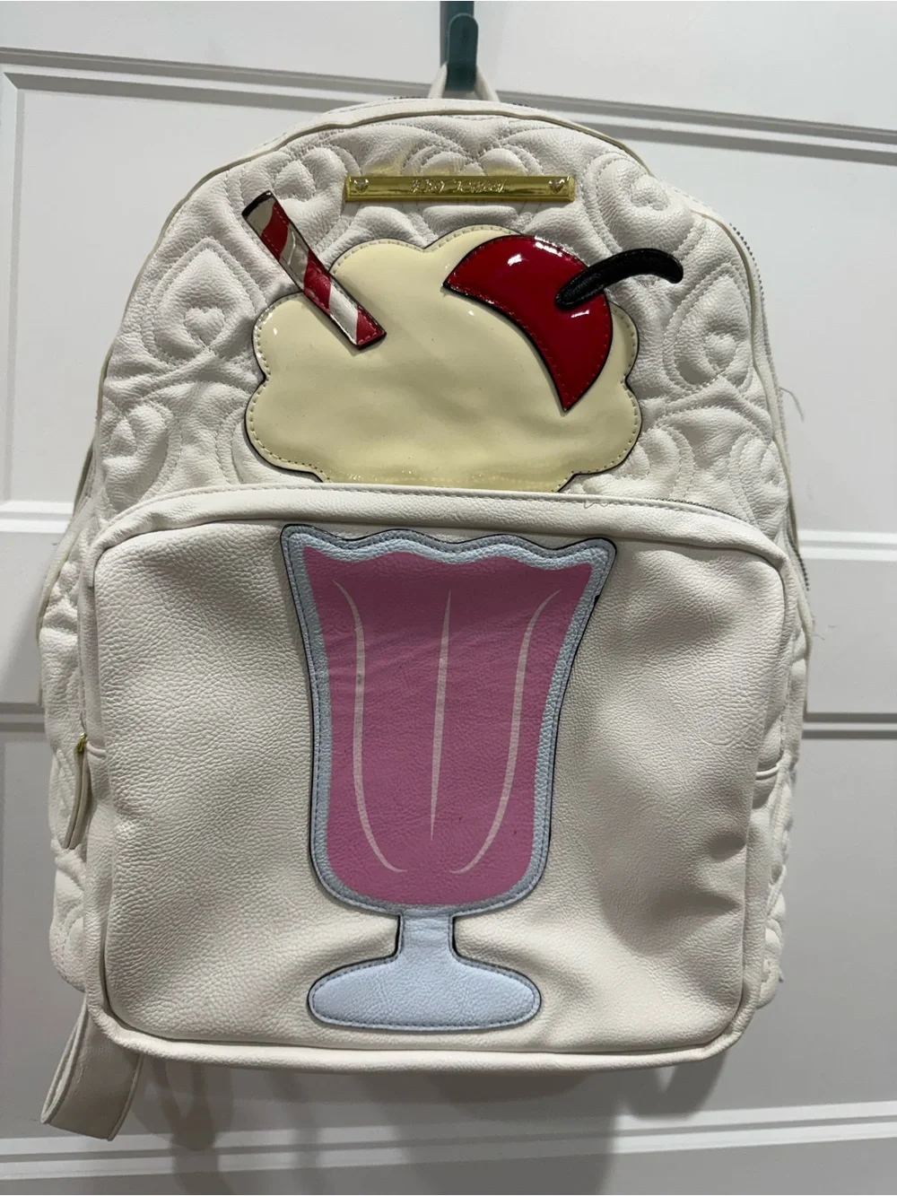 EUC Quilted Betsey Johnson Milkshake Backpack with Pink Cup and Red Cherry lined